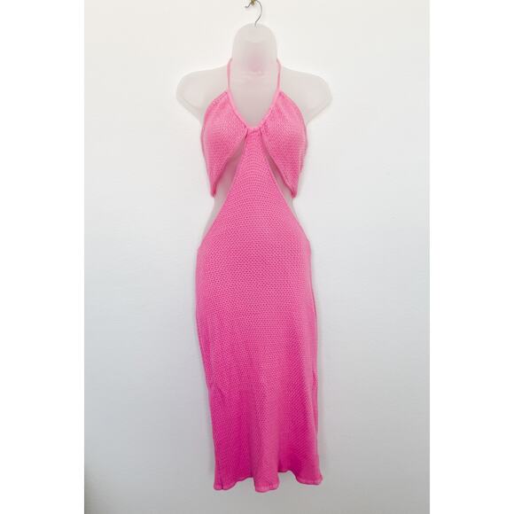 Victor Glemaud‎ Crochet Knit Cutout Halter Dress Pink Size L Y2K Resort Coquette - Picture 4 of 10